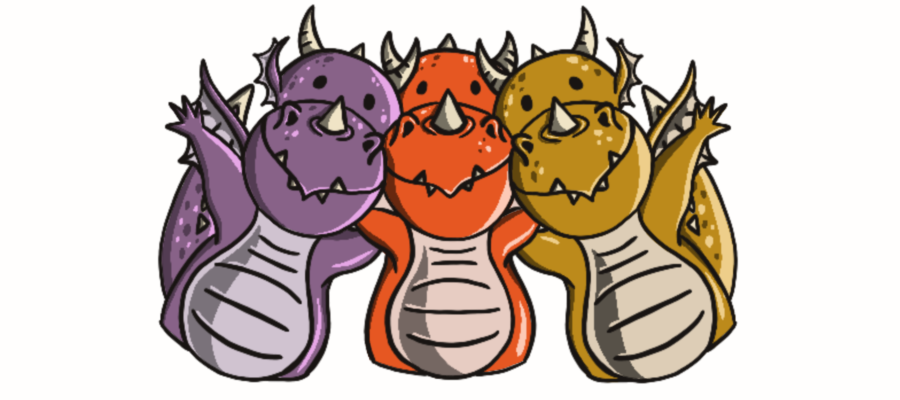 Three friendly accessibility dragons. The purple and golden dragon hug the orange one with their free arms open in welcome.