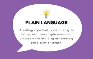 A white word bubble on a purple background that answers: What is plain language?